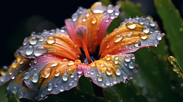 Une fleur avec des gouttes d'eau dessus