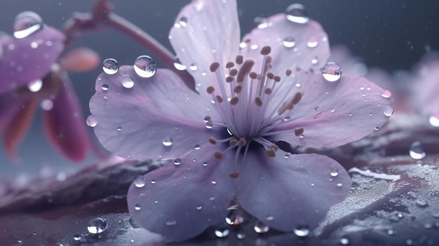 Une fleur avec des gouttes d'eau dessus