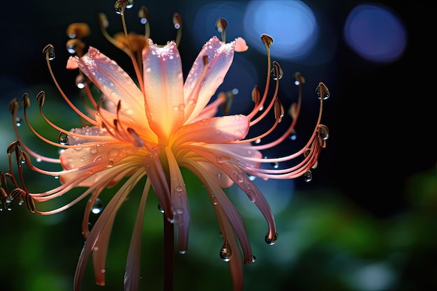 Une fleur avec des gouttes d'eau dessus