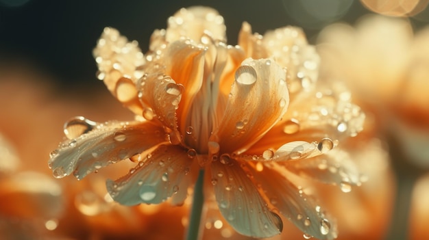 Une fleur avec des gouttes d'eau dessus