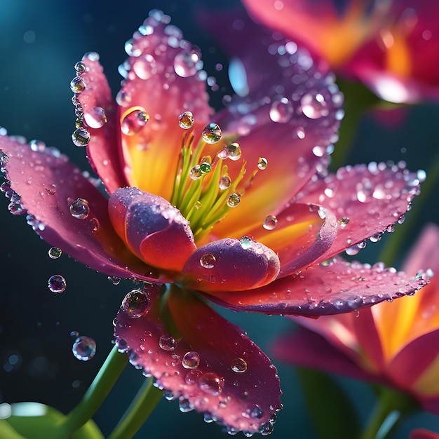 Une fleur avec des gouttes d'eau en gros plan