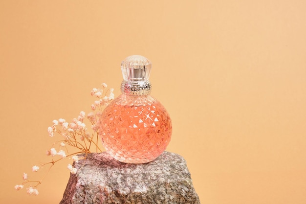 Photo fleur de gypsophile, bouteille de parfum et pierre naturelle sur l'espace de copie de fond beige