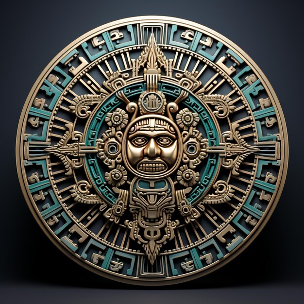Une fleur héraldique en métal, un Maya tribal argenté en 3D dans un cercle doré