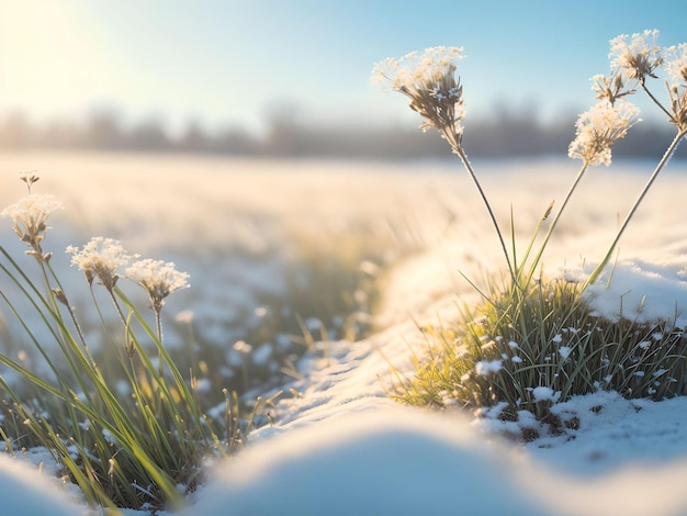 fleur d'herbe hiver lumière chaude le matin AI généré