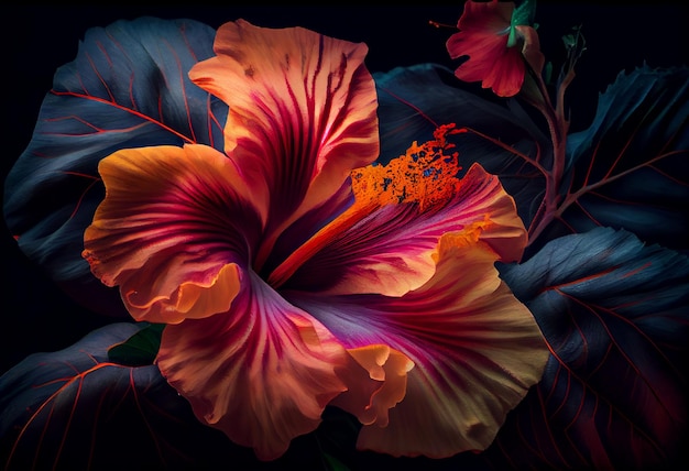 Une fleur d'hibiscus aux couleurs orange et violet