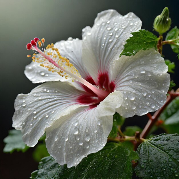 Photo une fleur d'hibiscus blanche avec des gouttes de pluie dessus