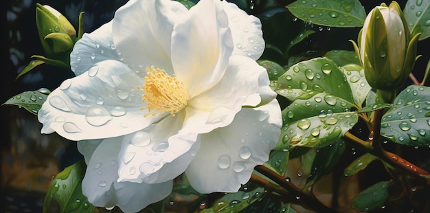 Fleur d'hibiscus blanche avec des gouttes de pluie générées par l'IA