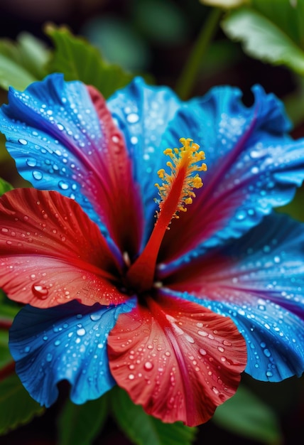 une fleur d'hibiscus bleue avec des gouttes d'eau