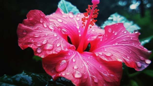 Une fleur d'hibiscus rose avec des gouttes d'eau dessus