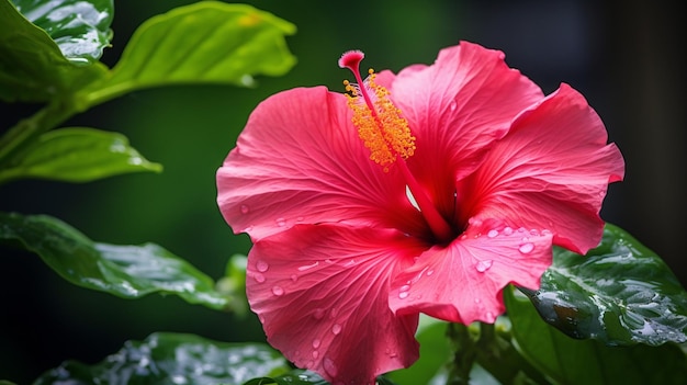 fleur d'hibiscus rose vif sur fond vert feuillu