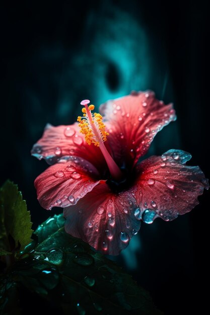 Une fleur d'hibiscus rouge avec des gouttes d'eau dessus