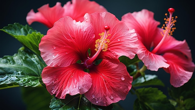 une fleur d'hibiscus rouge avec des gouttes d'eau