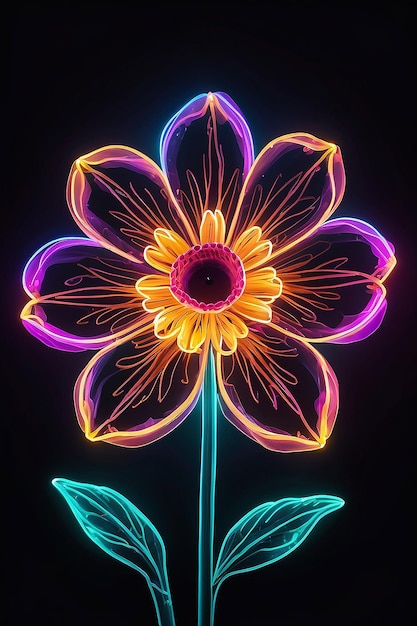 Photo fleur illuminée avec une lueur de néon et un centre de feu