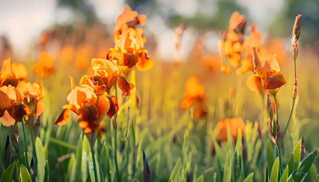 Fleur d'iris dans le champ avec un fond flou