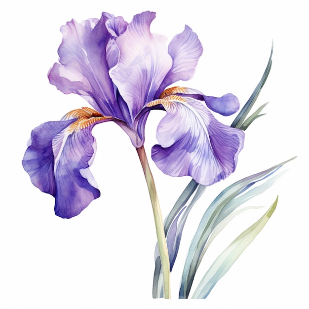 fleur d'iris violet avec des feuilles vertes sur fond blanc ai générative