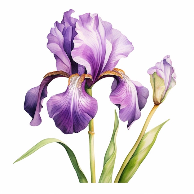 fleur d'iris violet avec des feuilles vertes sur fond blanc ai générative