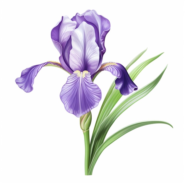 fleur d'iris violette avec des feuilles vertes sur un fond blanc