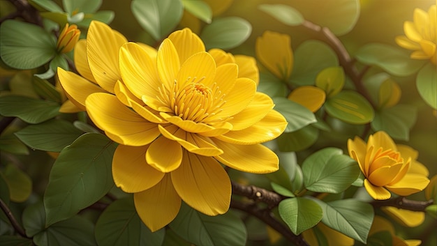 Une fleur jaune sur un arbre prise en gros plan