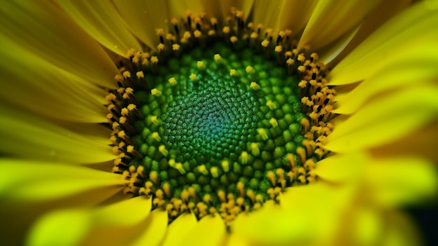 Une fleur jaune avec un centre vert et un centre jaune.