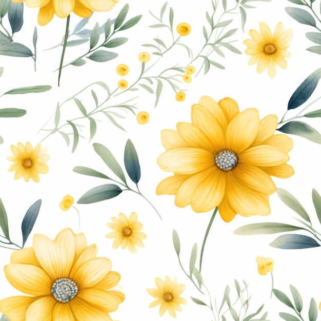 Fleur jaune de couleur de l'eau sans couture avec motif de feuilles sur fond blanc