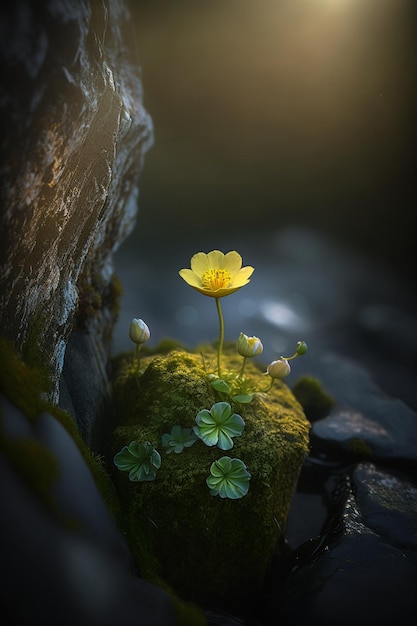 Une fleur jaune dans une forêt sombre