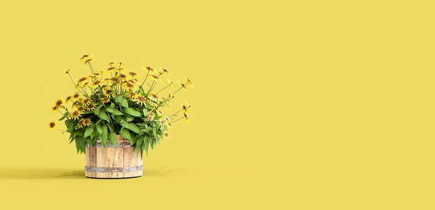Fleur jaune dans un panier en bois rendu d'illustration 3D