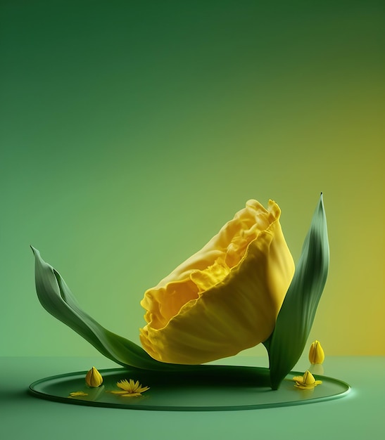 Une fleur jaune est sur un fond vert avec des fleurs jaunes.