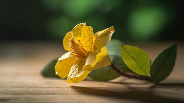 Photo une fleur jaune avec des feuilles vertes sur une table en bois