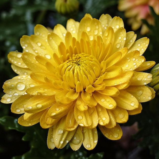 Une fleur jaune avec des gouttelettes d'eau dessus