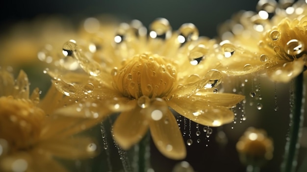 Une fleur jaune avec des gouttelettes d'eau dessus