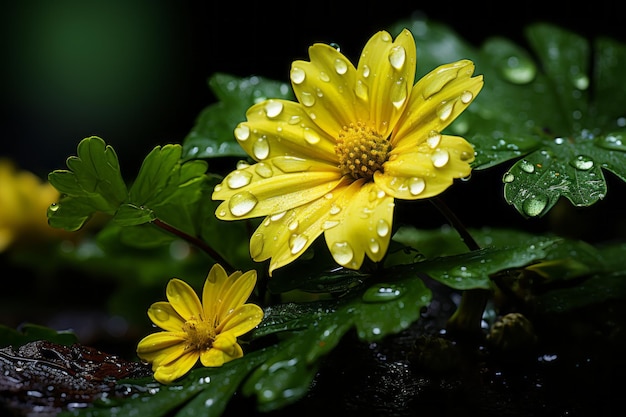 Une fleur jaune avec des gouttelettes d'eau dessus