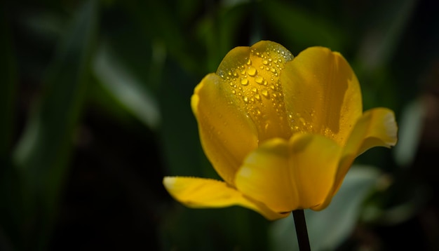 une fleur jaune avec des gouttes d'eau dessus