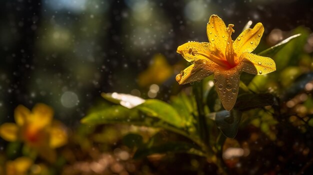 Une fleur jaune avec des gouttes de pluie dessus