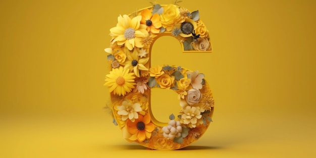 Une fleur jaune lettre 6 avec un fond jaune