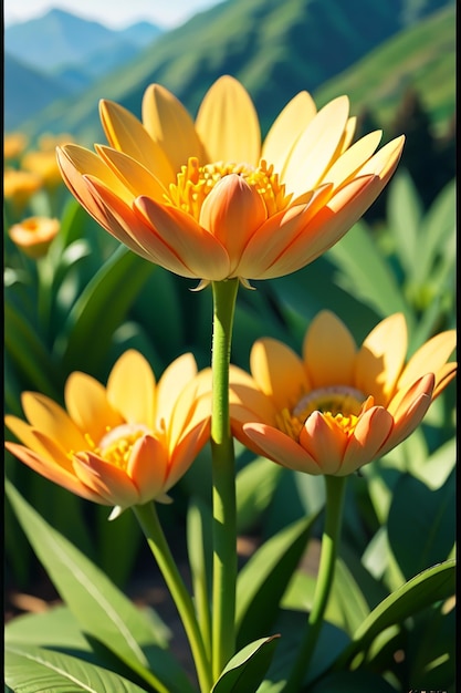 Une fleur jaune avec le mot " dessus " en bas.