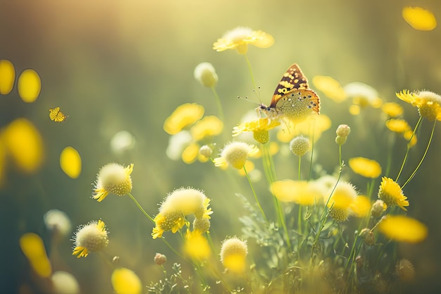 Une fleur jaune avec un papillon dessus