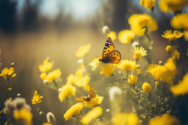 Une fleur jaune avec un papillon dessus