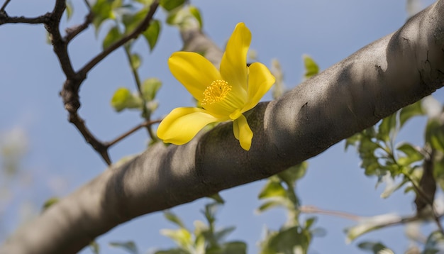 une fleur jaune pousse sur une branche d'arbre