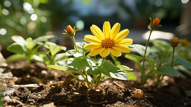 Photo une fleur jaune pousse dans la terre