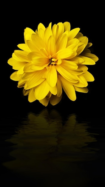 Fleur jaune avec reflet dans l'eau sur fond noir lumière professionnelle Illustration verticale