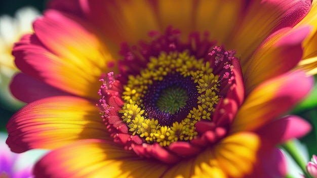 Une fleur jaune et rose avec un centre violet.