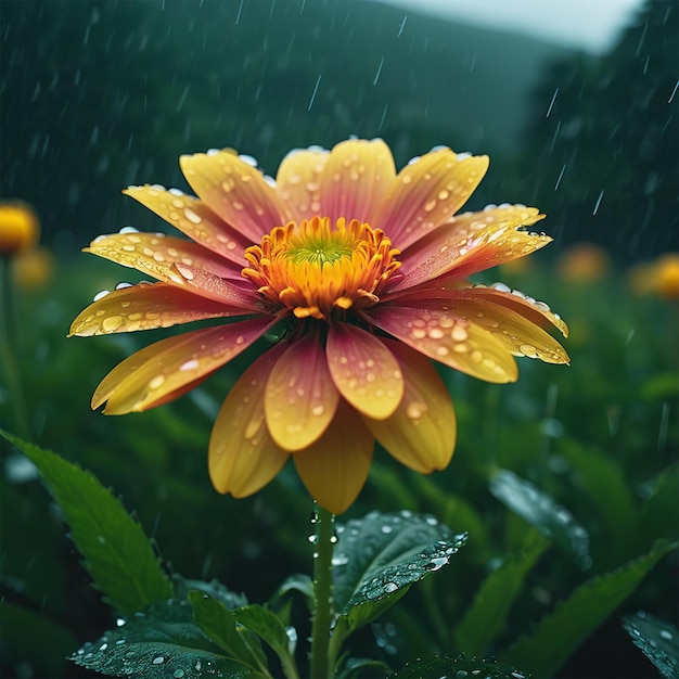 Une fleur jaune et rose avec des gouttes de pluie dessus