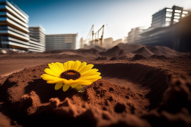 Une fleur jaune se trouve au milieu d'un champ de sable rouge.