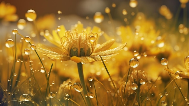 Une fleur jaune sous la pluie avec des gouttelettes d'eau dessus