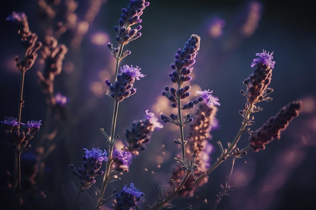Fleur de lavande flagrante en fleurs sur un champ, fond violet en gros plan.