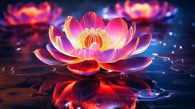 Une fleur de lotus au néon flotte sur un étang radieux.