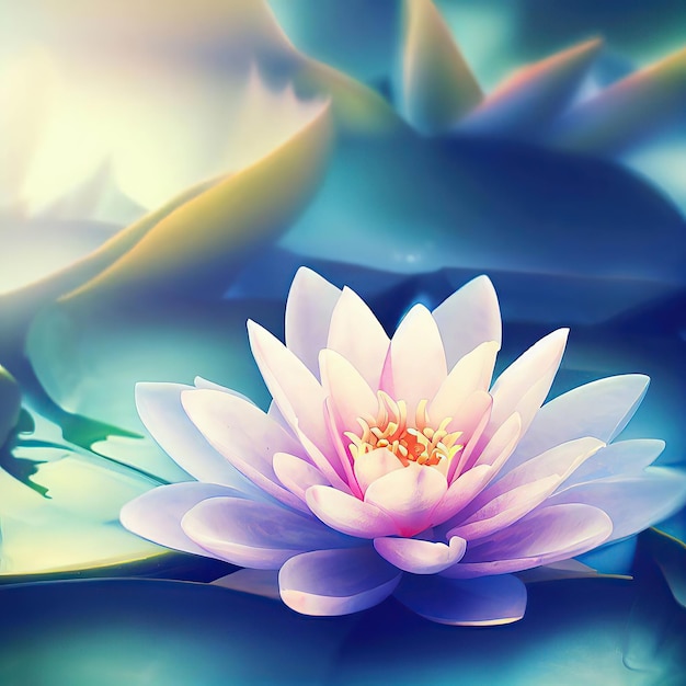 Une fleur de lotus bleue et blanche est entourée de feuilles.