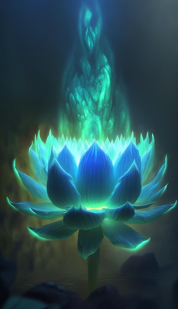 Une fleur de lotus bleue avec une flamme en bas.