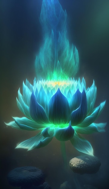 Une fleur de lotus bleue avec une flamme dessus.