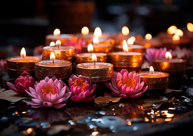 fleur de lotus avec bougie sur la rivière ai génératif